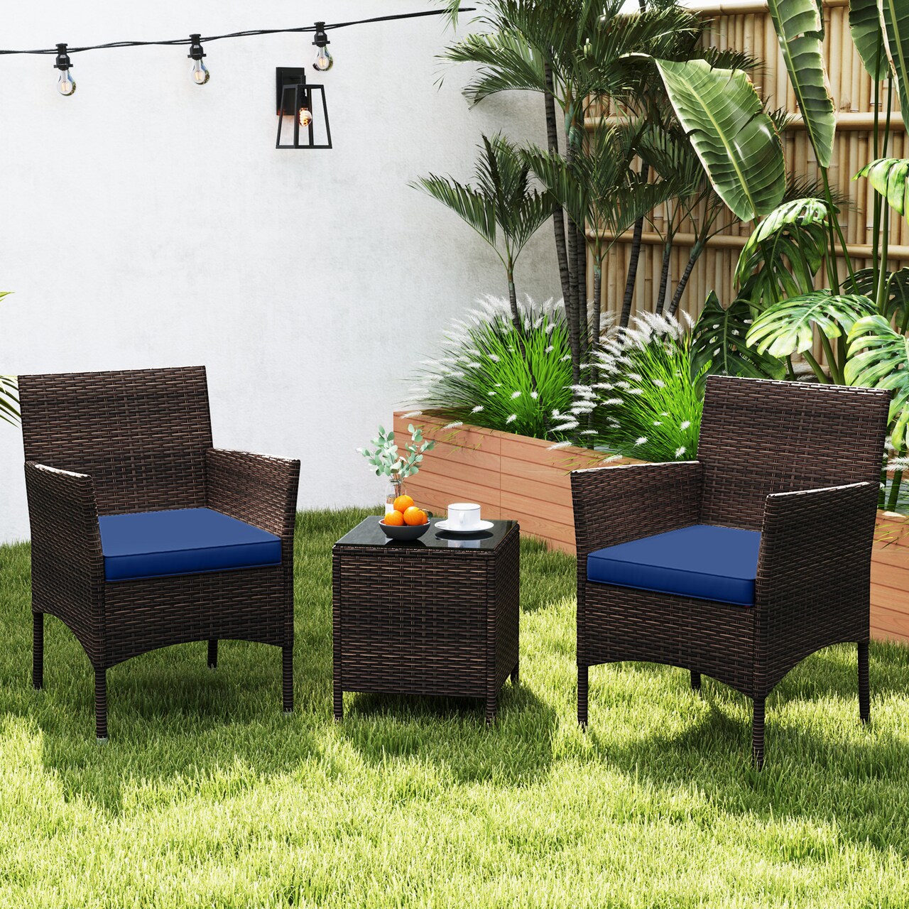 Rattan 3 Piece Outdoor Conversation Set with Cushioned Seats and Glass Table